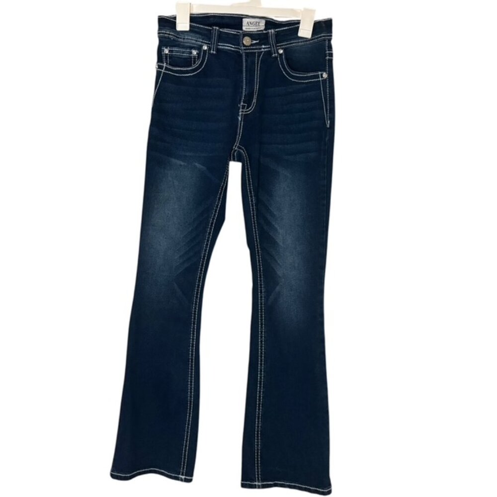 Angel Boot Cut Embroidered Dark Wash Jeans with Rhinestone Pockets  Size 11